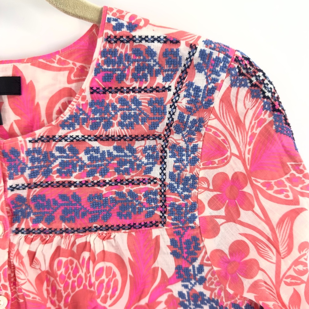 J Crew Floral Embroidered Blouse Top Womens Size 2 Tropical Peasant Boho Cotton - Picture 4 of 13